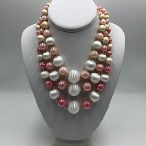 Vintage Women's Pink White Pearl Shape 3 Strand Necklace Stamped Japan Layered